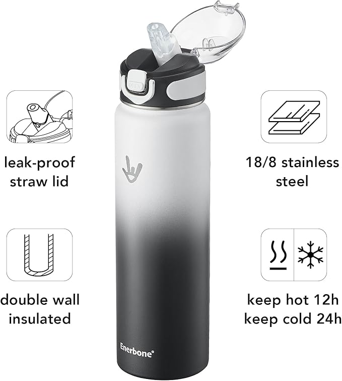 Enerbone 32 oz Insulated Water Bottle, Stainless Steel Bottle with Carrying Strap, Double-Wall Vacuum Insulation Design, Leakproof Sports Bottle with Straw, Keep Drinks Cold or Hot for Hours-PawvioPets