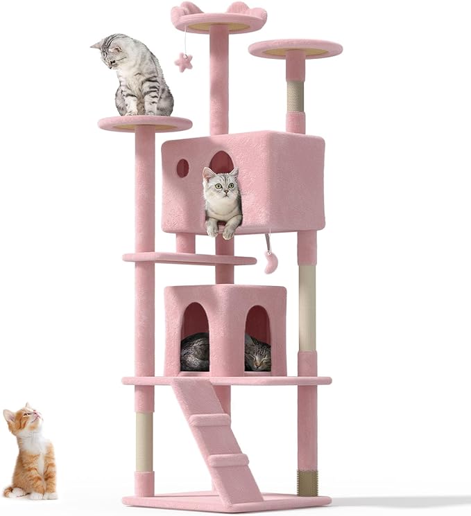 77'' Cat Tree Tower for Indoor Cats Large Adult, Cute/Tall Modern Cat Tree for Big Cats 20 lbs, Plush Multi-Level Cat Condo with Scratching Posts,Dangling Ball (Soft Pink, 77 inch)-PawvioPets