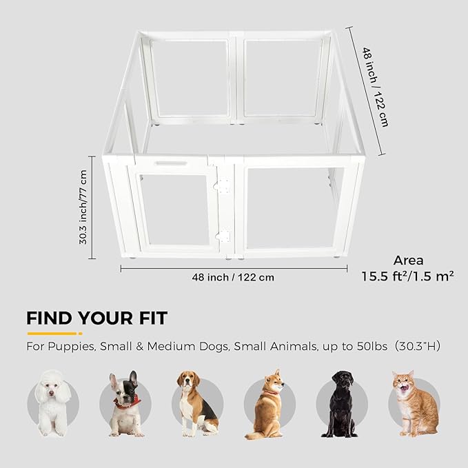 Clear Acrylic Plastic Dog Playpen - Clear Dog Play Pen - Easy Assemble Acrylic Dog Playpen - Puppy Playpen, Cat Playpen, Small Animal Playpen, Dog Play Pen Indoors (White, 30.3" H, 8PCS)-PawvioPets