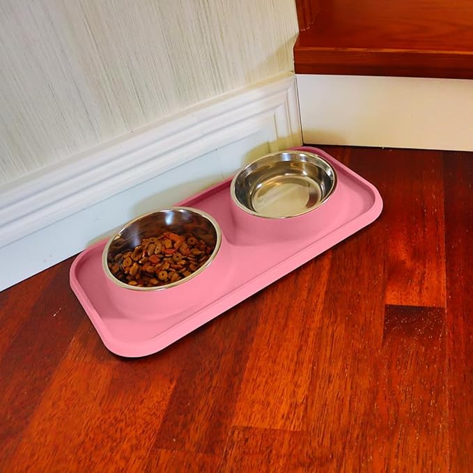 Cat Food Bowls, Cat Bowls Non-Skid and Non-Spill Silicone Pads with PP Stand, Removable Stainless Steel Food and Water Dishes for Cats, Small Size Dogs-PawvioPets