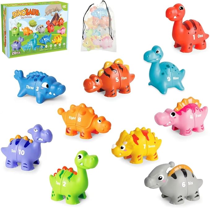 20 PCS Dinosaur Number Learning Toys for Toddlers Kids 3-5, 10 Different Dinosaur Figures, Double Sided Number Matching Game, Preschool Activities Montessori Fine Motor Toys for Toddlers Kids-PawvioPets