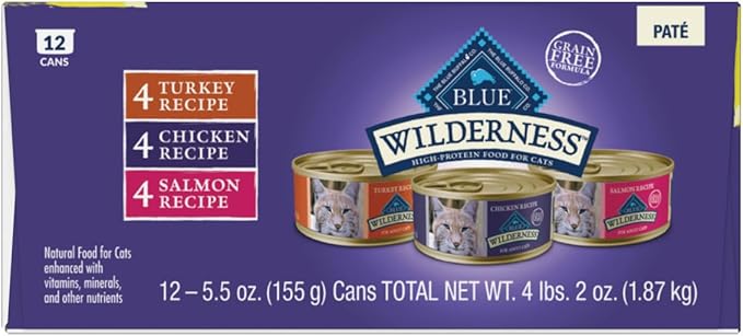 Blue Buffalo Wilderness High Protein, Natural Adult Pate Wet Cat Food Variety Pack, Chicken, Salmon, Turkey 5.5-oz can (12 count - 4 of Each Flavor)-PawvioPets