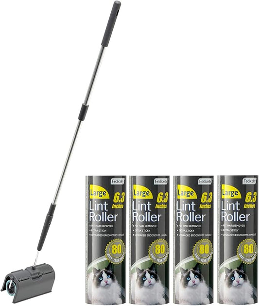 Fedicelly Lint Rollers Pet Hair Extra Sticky Floor with Long Handle,Large Cat Dog Hair Remover Laundry Clothes Carpet Furniture,6.3 inches Wider with 320 Sheets Giant Lint Remover Brush for Couch-PawvioPets