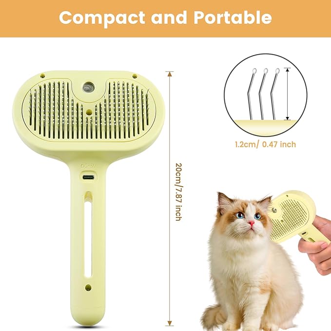 3 in 1 Cat Steam Brush, Pet Spray Hair Removal Comb for Shedding & Grooming, Water Brush for Cats Dogs Small Animals Long Short Haired with One-Click Release Button(Yellow)-PawvioPets