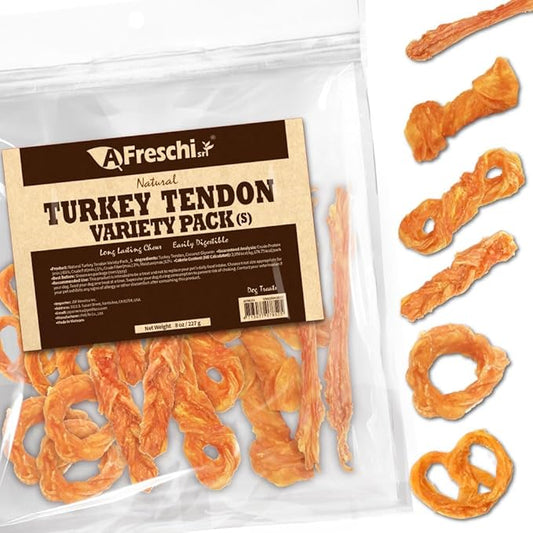 Afreschi Turkey Tendon Variety Pack (S) 8 oz, USA-Sourced Turkey Tendon, All Natural Puppy Chew, Hypoallergenic, Rawhide Alternative-PawvioPets