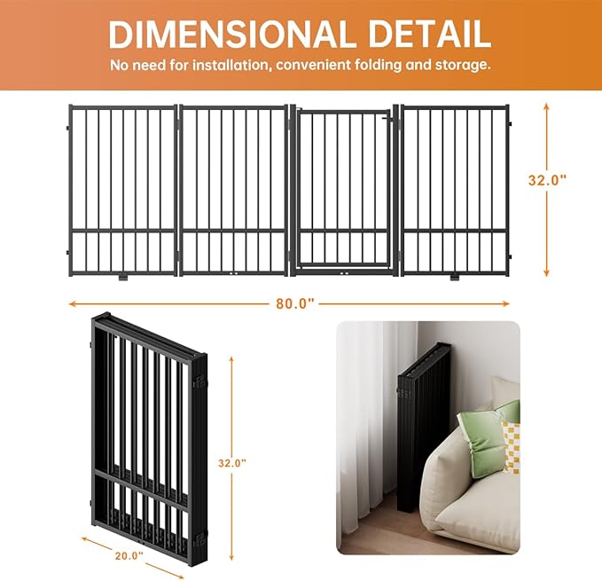 Full Metal Freestanding Dog Gate with Door, 32''Height Foldable Pet Dog Fence for Indoor & Outdoor, 4 Panels Extra Wide Free Standing TallDog Gates for Doorways,House,Stairs,Porch,Deck,Yard-PawvioPets