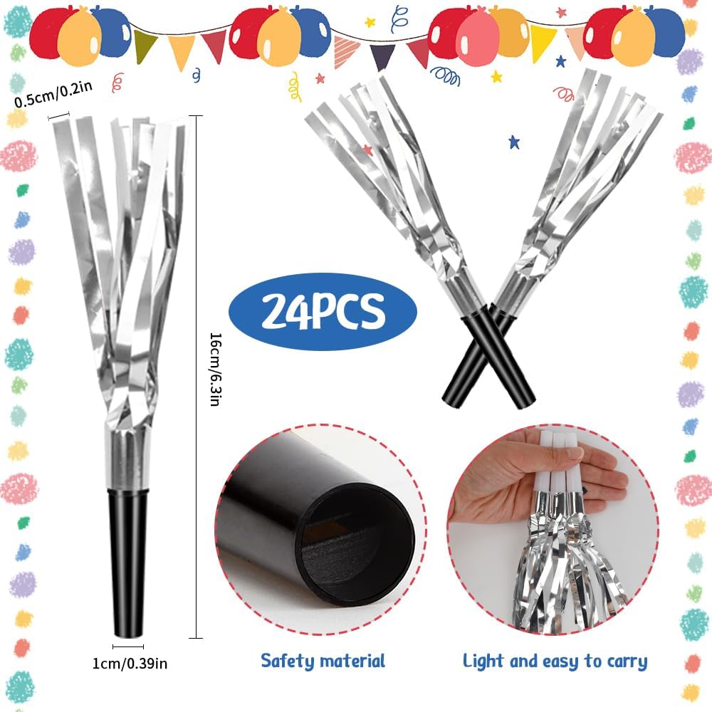 Silver Noise Makers Party Favors 24 PCS Party Blowers Noisemakers for Sporting Events Party Horns Party Whistles Nye Party Favors Adult Party Favors New Years Noise Makers Graduation Party Favors