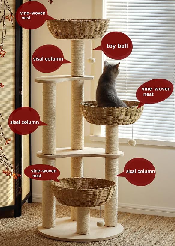 54" Large Modern Cat Trees, Luxury Rattan Oak Solid Wood Cat Trees Towers，3 Weaving Cat Nests & Washable Cool Cushions, Sisal Scratching Posts,Cat Condo for Indoor Cats- Wood Wax Oil Version-PawvioPets