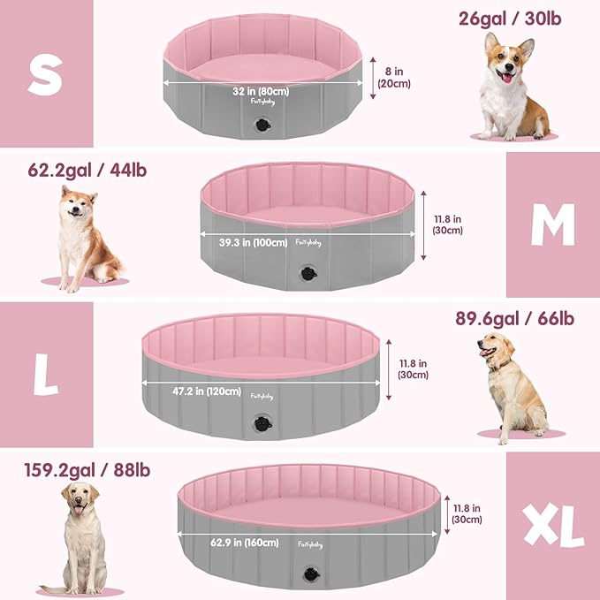 Furrybaby Dog Pool, Foldable Dog Pools for Large Dogs Portable Kiddie Pool Pet Doggie Wading Swimming (Pink 63'') Indoor and Outdoor-PawvioPets