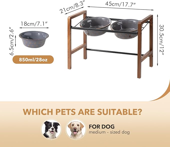 7.1inch Ceramic Adjustable Raised Double Bowls Set with Stand, 3 Heights Elevated, 2 Placement Options,Food and Water Bowls for Medium and Large Dog(Reactived Glaze -Grey)-PawvioPets