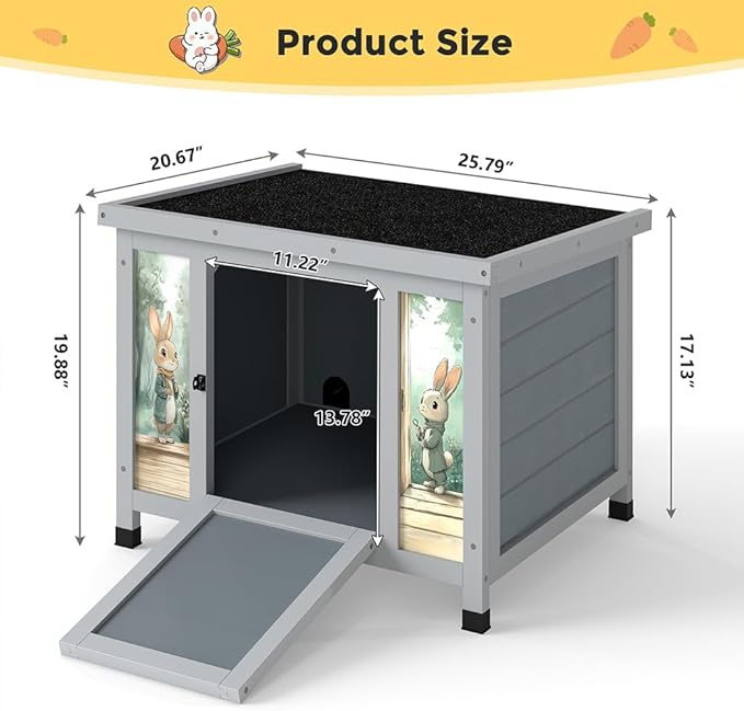 COZIWOW 24in Wooden Cat House Outdoor & Indoor Pet Shelter with Foldable Ramp - Weatherproof Rabbit Hutch with Unique Machine-Printed Art Designs for Cat, Rabbit, Guinea Pig (Grey)-PawvioPets