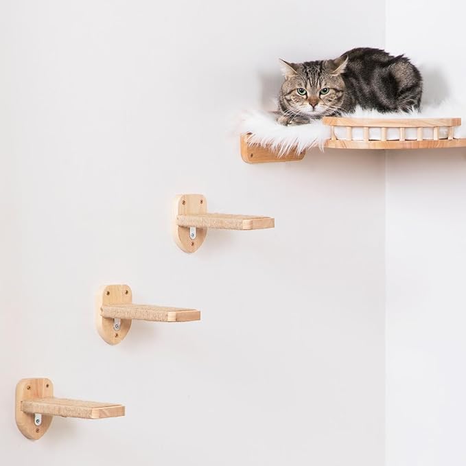 3pcs Cat Wall Steps, Climbing Mounted Furniture, Shelves With Hemp Rope Covered, Solid Wood Ladder for Playing and Climbing (Large-Wood)-PawvioPets