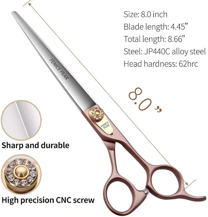 Fenice Peak 8'' Dog Straight Scissors for Grooming 440C Stainless Steel Rose Gold Professional Pet Trimming Scissors Sharp Blades Cutting for Dogs and Cats Shears-PawvioPets