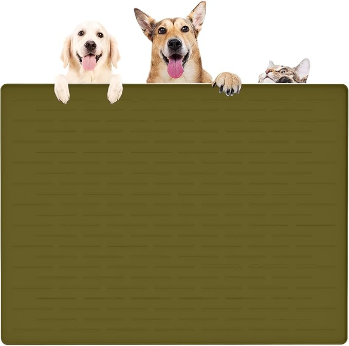 39.4"x29.5" Large Pet Food Mat, Silicone Dog Mats for Food and Water, Nonslip Pet Feeding Mats for Floors,Dog Cat Bowl Mat with Raised Edges, Avocado Green-PawvioPets