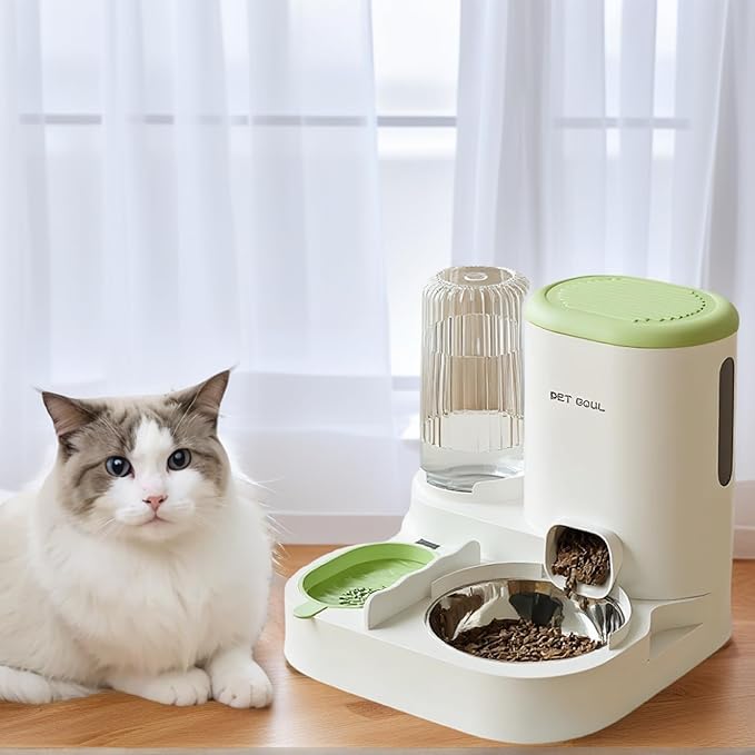 Automatic Cat Feeder & Water Dispenser - Dual Container for Dry/Wet Food, Two-in-One Upgraded Gravity Feeder and Water Dispenser Combo Set for Cats and Dogs.(Green)-PawvioPets