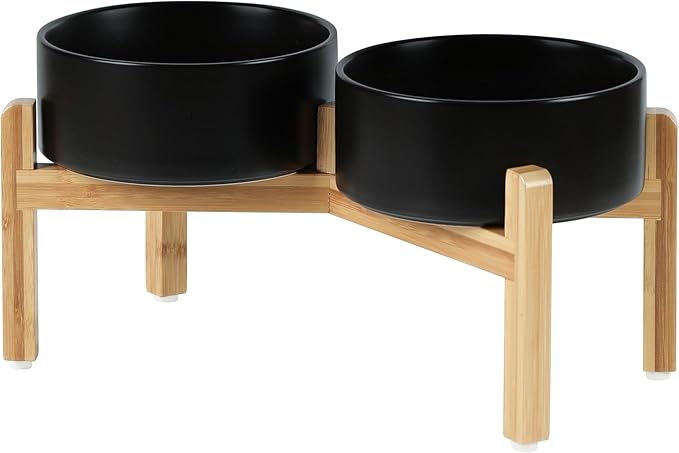 Ceramic Raised Double Bowls Set with Stand, Food & Water Bowls for Medium Breed Dogs, Weighted Dog Dishes, Pet Bowl(7.3'',41OZ, Black)-PawvioPets
