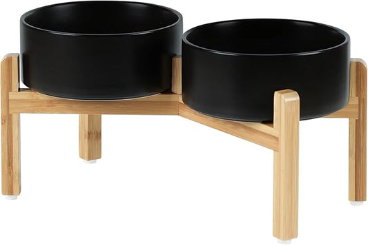 Ceramic Raised Double Bowls Set with Stand, Food & Water Bowls for Medium Breed Dogs, Weighted Dog Dishes, Pet Bowl(7.3'',41OZ, Black)-PawvioPets
