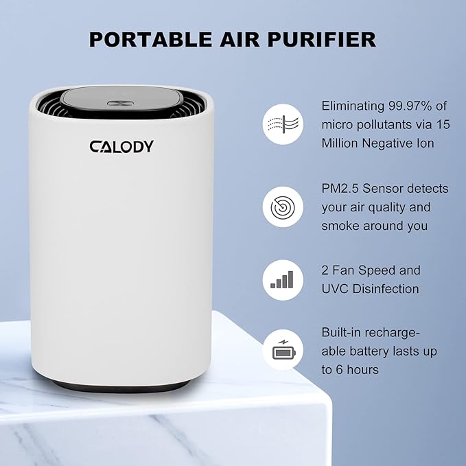 Calody Air Purifiers for Bedroom Home, Car air purifier Ionizer, 15 Million Negative Ions for Smokers, 30dB Quiet Portable Ionic Air Purifiers, Helps Alleviate Allergies, Dust, Home, and Office Use-PawvioPets