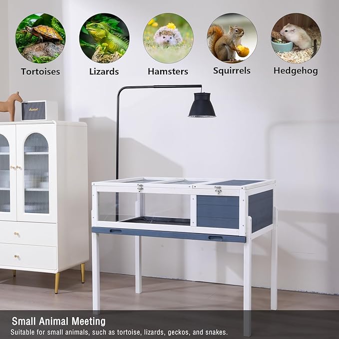 BIRASIL Wood Tortoise House, Indoor Turtle Habitat Reptile Cage, Tortoises Enclosure for Small Animals Lizards Hamster-PawvioPets