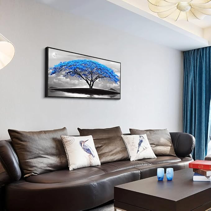 Framed Canvas Wall Art For Living Room Large Size Office Wall Decor Bedroom Decor Wall Pictures Artwork Black And White Landscape Blue Tree Moon Wall Painting Home Decorations Black Frame 20" X 40"-PawvioPets