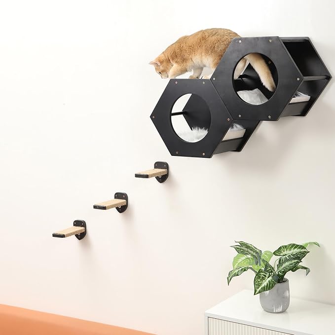 3 Pcs Cat Steps and Perches for Wall, Climbing Shelf With Hemp Rope, Wall-Mounted Furniture Set With Scratching Pads for Playing (Black)-PawvioPets