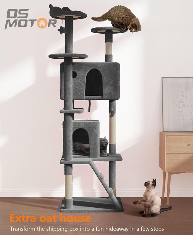 77'' Cat Tree Tower for Indoor Cats Large Adult, Cute/Tall Modern Cat Tree for Big Cats 20 lbs, Plush Multi-Level Cat Condo with Scratching Posts, Dangling Ball (Smoky Gray, 77 inch)-PawvioPets
