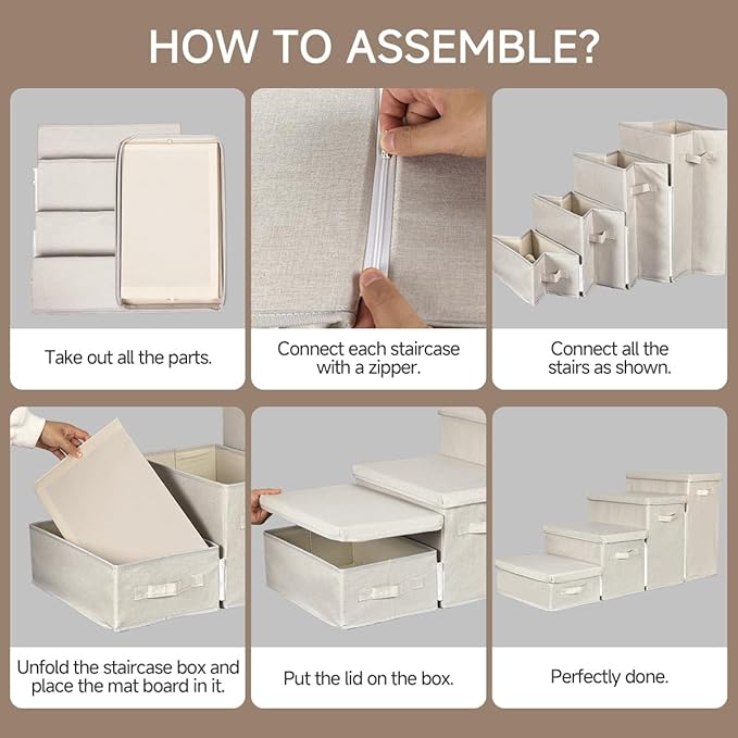 Dog Stairs with Storage, 4-Step Folding Pet Steps for Small Dogs and Cats, Pet Steps Storage with Zip, Pet Stairs for High Bed, Couch and Car Ramp (Beige, 4 Steps no Condo)-PawvioPets