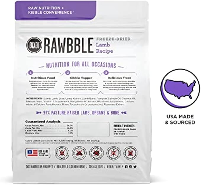 BIXBI Rawbble Freeze Dried Dog Food, Lamb Recipe, 12 oz - 97% Meat and Organs, No Fillers - Pantry-Friendly Raw Dog Food for Meal, Treat or Food Topper - USA Made in Small Batches-PawvioPets