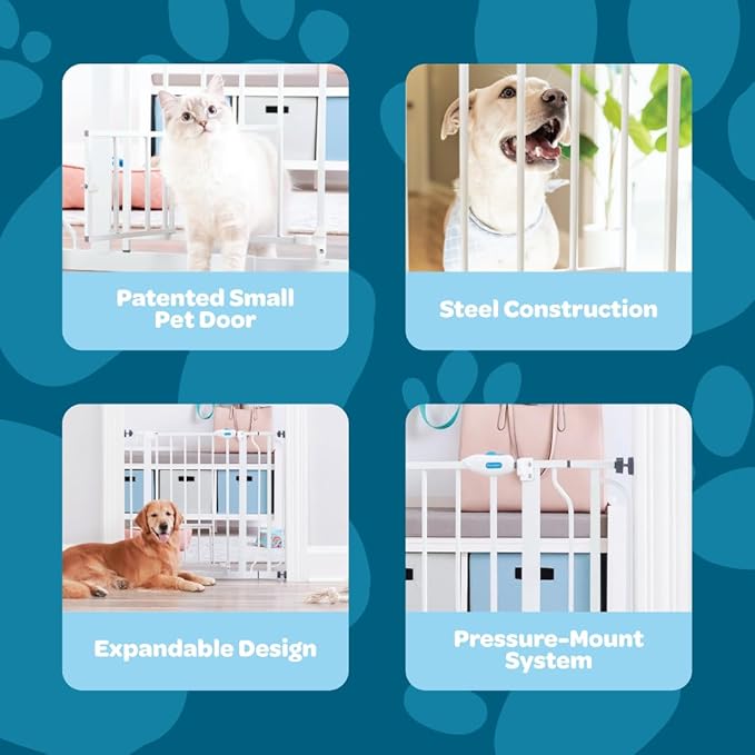 Carlson Extra Wide Walk Through Pet Gate with Small Pet Door, Includes 4-Inch Extension Kit, Pressure Mount Kit and Wall Mount Kit,White-PawvioPets