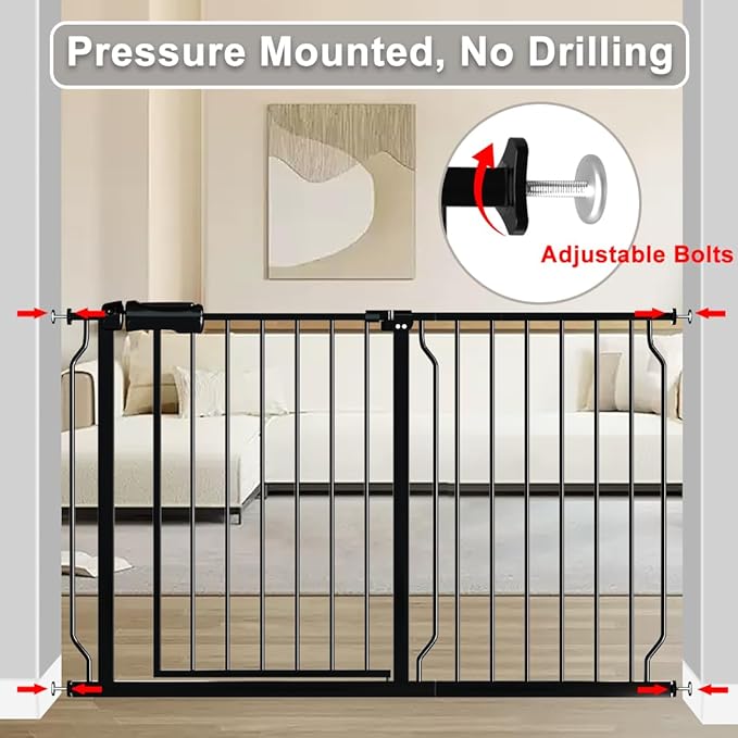 Fairy Baby Walk Through Baby Gate 43.5-48 Inch Wide, Pressure Mounted Safety Gate with Door No Drill, Black Tension Metal Gate for Dog and Toddler-PawvioPets