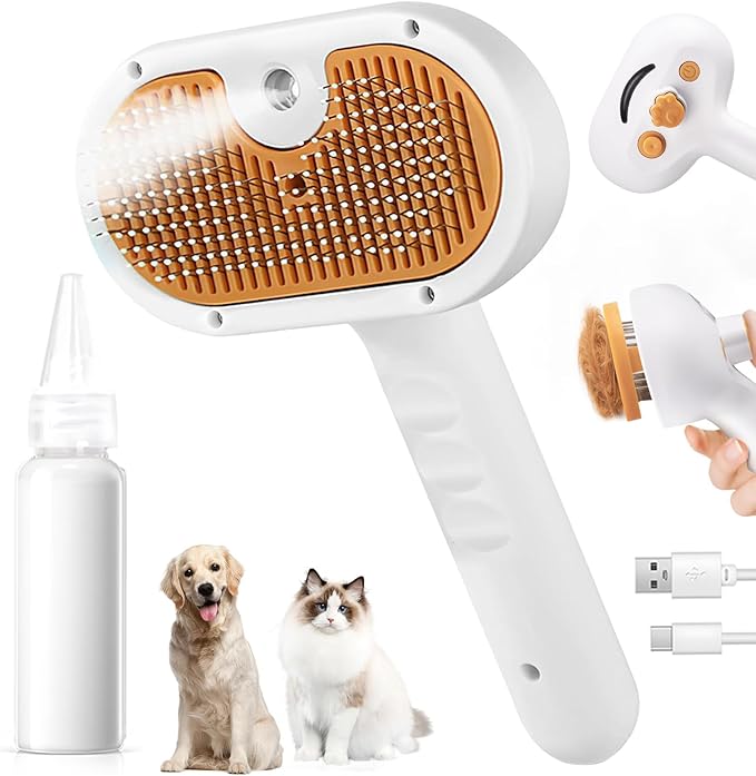 3-in-1 Pet Steam Brush Set for Dogs & Cats, Grooming Comb with Spray, Defur Tool, Water-Assisted Hair Removal, Gentle Cat & Dog Spritz Brush, Multi-Purpose Steam Grooming-PawvioPets