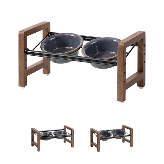 5.5inch Ceramic Adjustable Raised Double Bowls Set with Stand, 3 Heights Elevated, 2 Placement Options, Food and Water Dishes for Puppy, Cats（Double Bowls+Stand, Reactived Glaze -Grey-PawvioPets