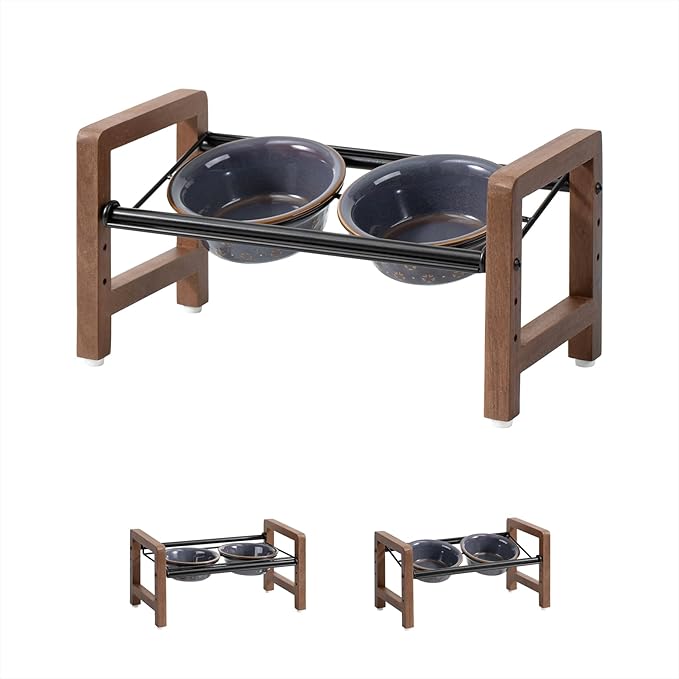 5.5inch Ceramic Adjustable Raised Double Bowls Set with Stand, 3 Heights Elevated, 2 Placement Options, Food and Water Dishes for Puppy, Cats（Double Bowls+Stand, Reactived Glaze -Grey-PawvioPets
