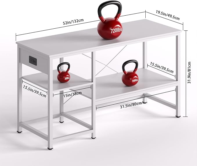 50-75 Gallon Fish Tank Stand with Power Outlet & LED Light, Metal Aquarium Stand with 3 Tier Adjustable Storage Shelves, Tank Stand for Reptile Tank, Turtle Tank, 52" L*19.5" W, White-PawvioPets