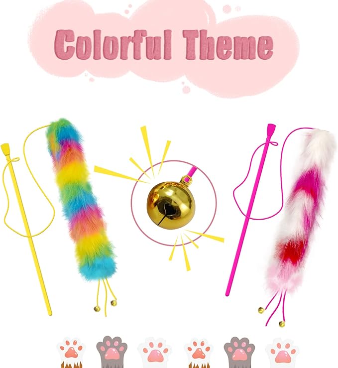 2 Pack Cat Wand Toy, Rainbow Cat Feather Toys with Bells, Teaser Wand with Soft Furry Tail, Interactive Toys for Indoor Cats & Kitten & Kitty-PawvioPets
