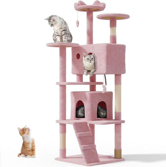 70'' Cat Tree Tower for Indoor Cats Large Adult,Cute/Tall Modern Cat Tree for Big Cats 20 lbs,Plush Multi-Level Cat Condo with Scratching Posts,Dangling Ball for Fun Play(Soft Pink, 70 inch)-PawvioPets