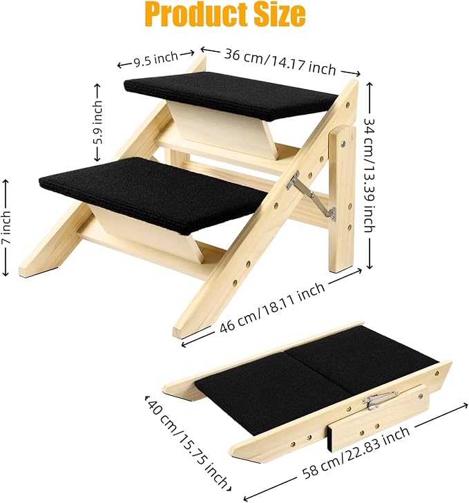 Foldable Dog Stairs/Ramp with 2 Steps - Durable Wooden Pet Stairs for Small, Medium, Large Dogs - Black (No Assembly Required)-PawvioPets