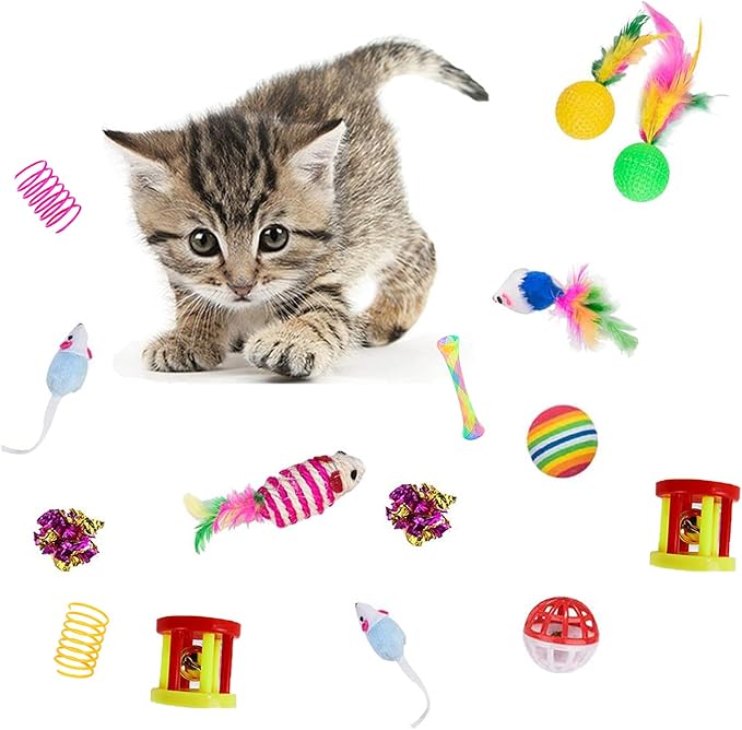 32Pcs Cat Toys Kitten Interactive Pet Toys Assortments, Foldable Rainbow Tunnel, Teaser Wand Fluffy Mouse Crinkle Balls Bell Play for Puppy Kitty (3 way)-PawvioPets