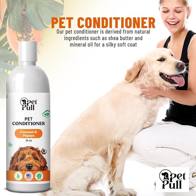 Dog Conditioner Puppy Essentials - Moisturizing Conditioner for Dogs with Coconut and Papaya Scent - Plant Based Dog Bath Supplies Detangle and Revive Pet's Coat - Made in USA (16 Oz)-PawvioPets