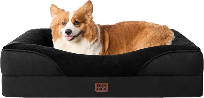 EHEYCIGA Memory Foam Dog Bed for Medium Size, Orthopedic Dog Sofa with Sides and Waterproof Liner, Washable Bolster Pet Couch with Removable Cover, 35x22x6.5 Inch, Black-PawvioPets