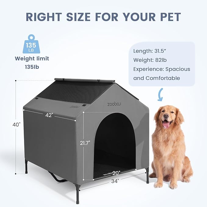 42” Outdoor Dog House for Large Breeds, Durable Large Dog Shelter with Weatherproof 600D PVC Canopy, Breathable 2x1 Textilene Fabric Elevated Dog Bed, XL Dog Kennel for Outside Use-PawvioPets