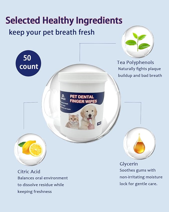 Dog Dental Wipes – Pet Teeth Cleaning Finger Pads for Dogs & Cats, 50 Count – Remove Plaque & Tartar, Freshen Breath, Easy Oral Care, Tea Polyphenol Formula-PawvioPets