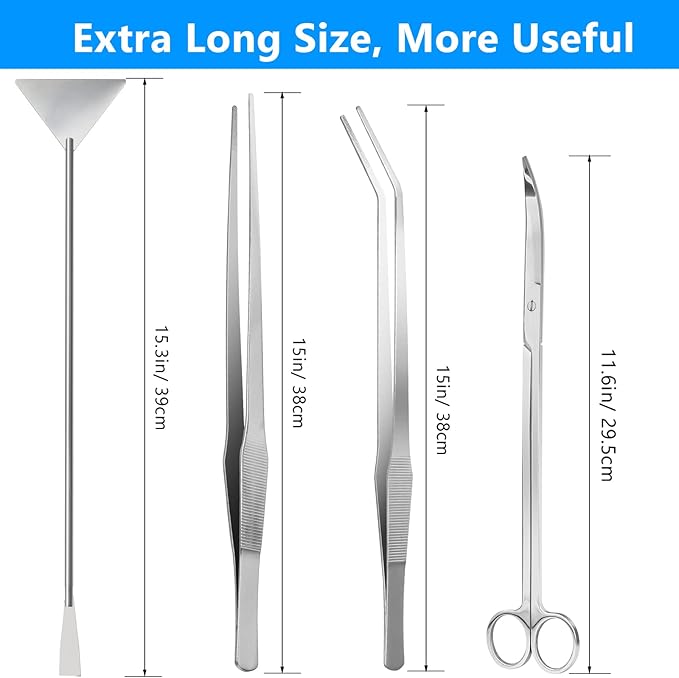 Aquarium Aquascape Tools Kit 15in, 4 in 1 Anti-Rust Aquatic Plant Aquascaping Tool Stainless Steel Tweezers Scissor Spatula for Aquarium Tank Clean Fish Tank Aquascape Accessories Set(Silver)-PawvioPets