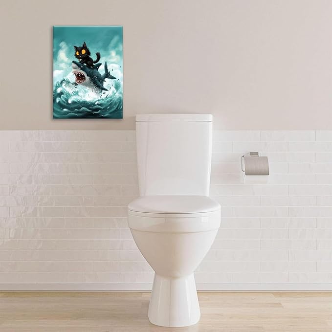 Funny Black Cat Bathroom Wall Art Cute Cat Riding Shark Canvas Wall Decor Animal Kitten Pictures Painting Print Artwork Framed Decorations Gifts for Cat Lover Kids Room Bedroom 24"x20"-PawvioPets
