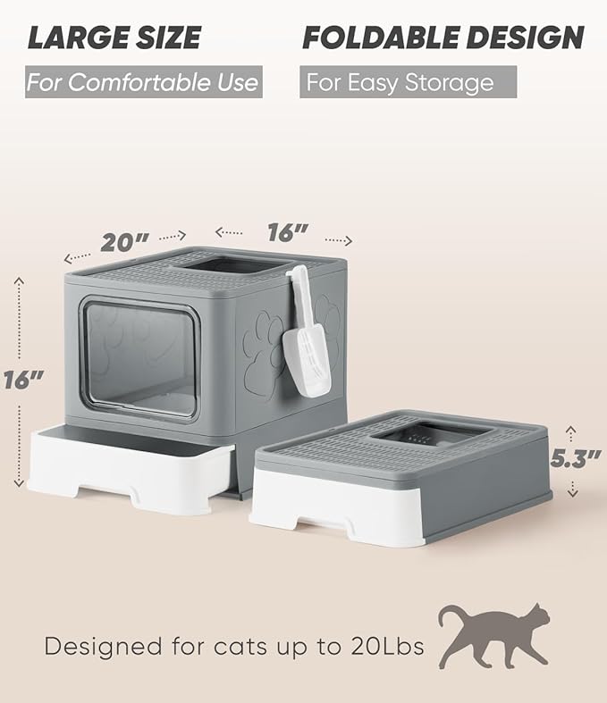 Enclosed Cat Litter Box, Large Litter Box for Big Cats, Covered Kitty Litter Boxes with Lid, Top Entry Cat Box Enclosure with Scoop, Odor Control, Easy to Clean(Grey)-PawvioPets