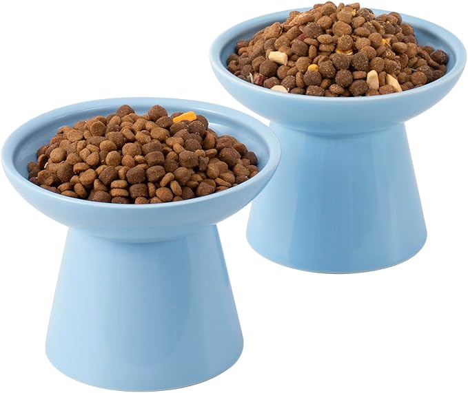 Extra Wide Elevated Ceramic Cat Bowl, 6.2" Shallow Dish for Whisker Fatigue Relief, 5" Height for Easy Feeding, Durable Raised Cat Food Bowls, Pack of 2, Blue-PawvioPets