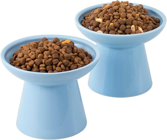 Extra Wide Elevated Ceramic Cat Bowl, 6.2" Shallow Dish for Whisker Fatigue Relief, 5" Height for Easy Feeding, Durable Raised Cat Food Bowls, Pack of 2, Blue-PawvioPets