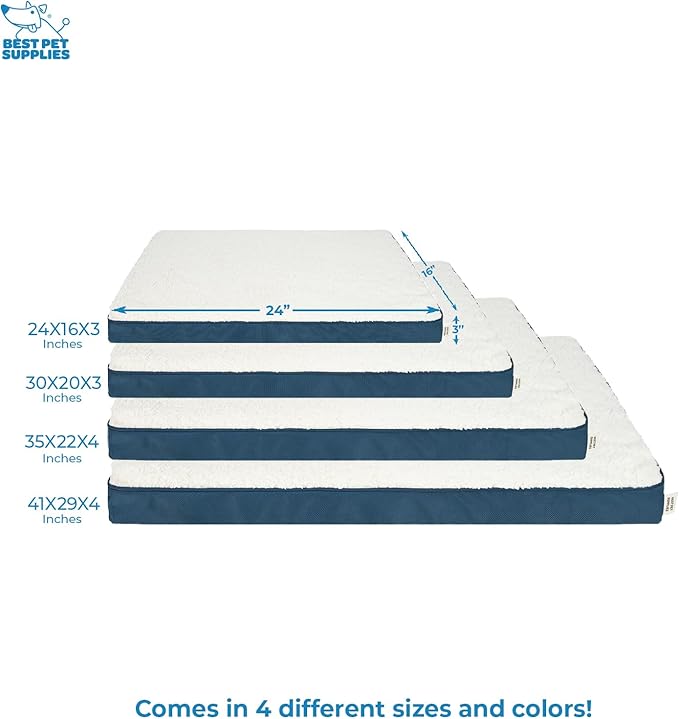 Best Pet Supplies Cute Dog Crate Mat Flat Bed with Waterproof Exterior, Thick Orthopedic Egg Foam Mattress, and Soft Sherpa Fleece Cover for Small, Medium, and Large Breeds - Blue, 24X16X3-PawvioPets