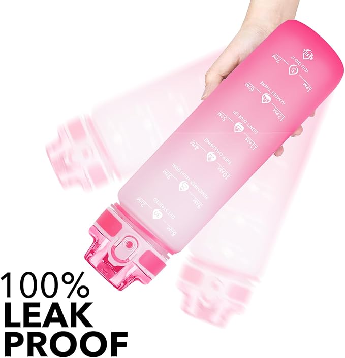 32oz Motivational Water Bottles with Time Marker & Fruit Strainer, Transparent Gradient Color Water Bottle with Times to Drink, Leakproof & BPA Free, Reusable Bottle with Strap (No Straw)-PawvioPets