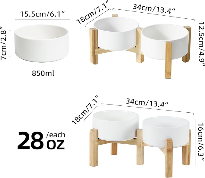 Ceramic Raised Double Bowls Set with Stand, 2 Heights Elevated, Food & Water Bowls for Small Breed Dogs, Weighted Dog Dishes, Pet Bowl(6.1'',28.7oz, White)-PawvioPets
